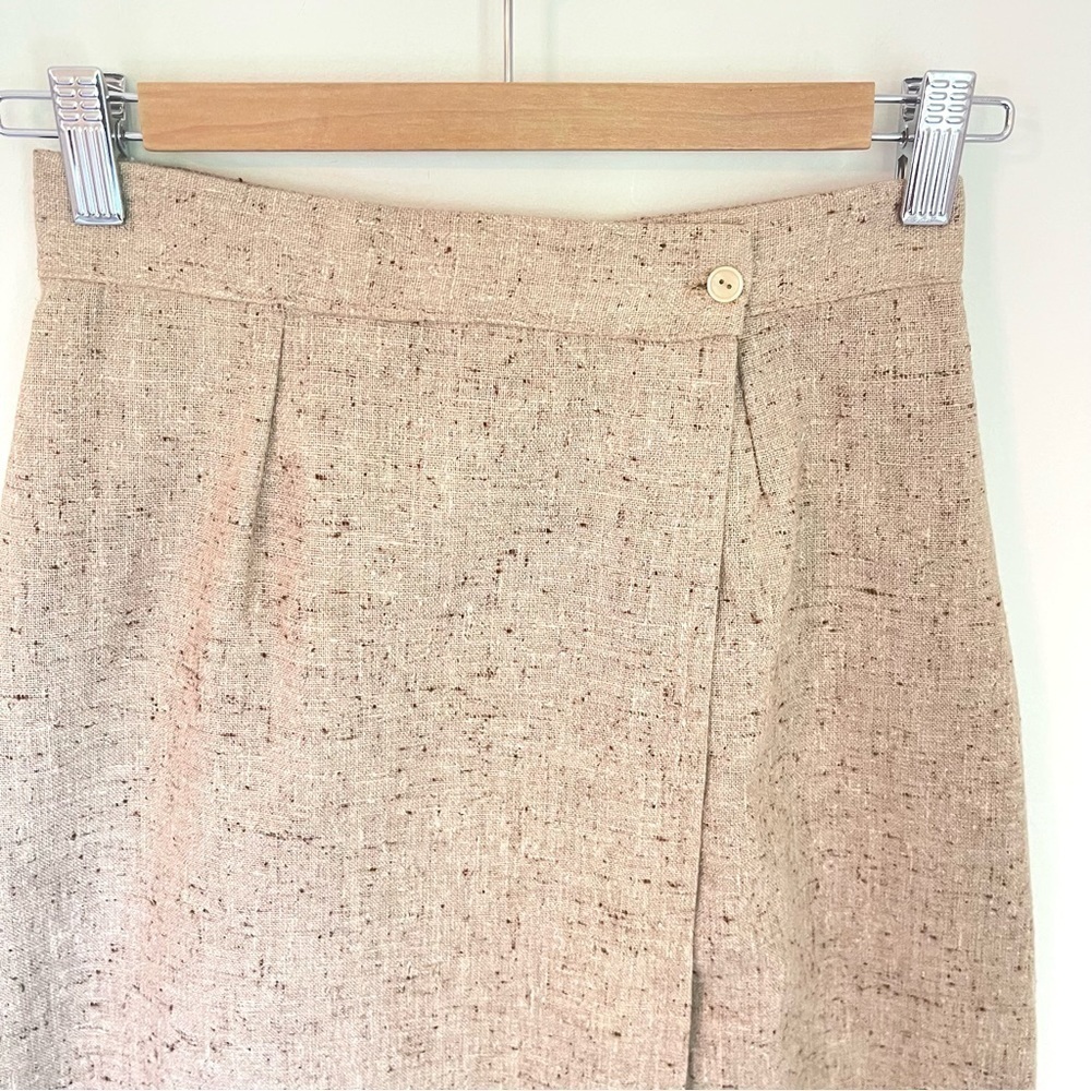 Handmade Vintage‎ Tan Tweed Preppy Midi Wrap Skirt - Women's Size XS - Picture 3 of 7